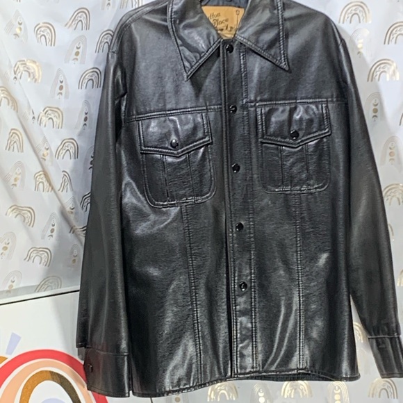 Men's Black Faux Leather Shirt Jacket - Picture 1 of 5